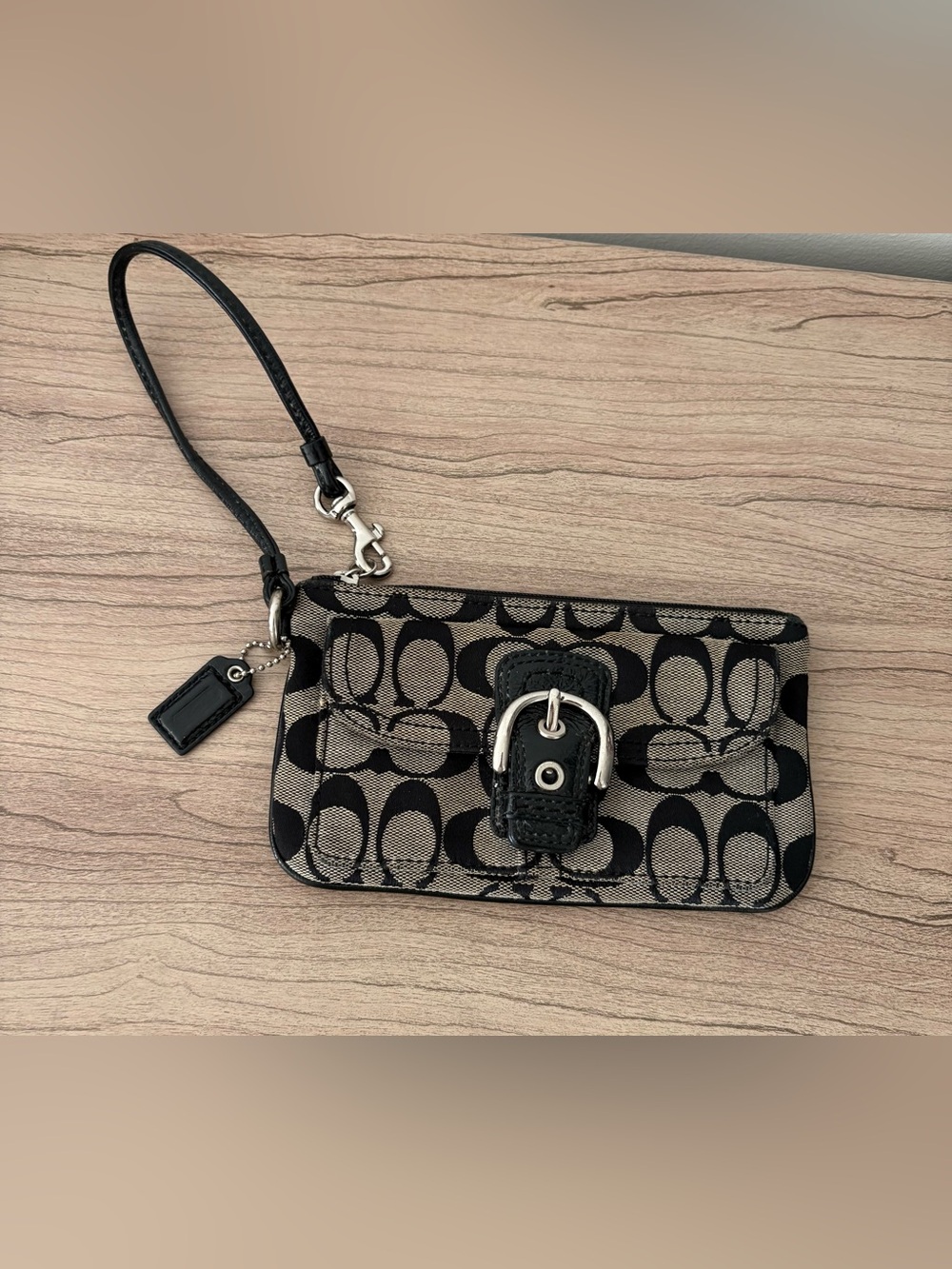 Coach Black and Tan Signature Canvas Wristlet with Buckle Accent